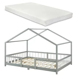 [En.Casa] Lit cabane Treviolo avec matelas à mousse froid 200 x 120 cm gris clair / blanc en.casa*Enfant Lit Enfant