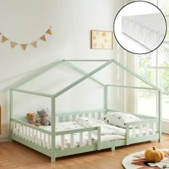[En.Casa] Lit cabane Treviolo avec matelas à mousse froid 200 x 140 cm vert menthe / blanc en.casa*Enfant Lit Enfant