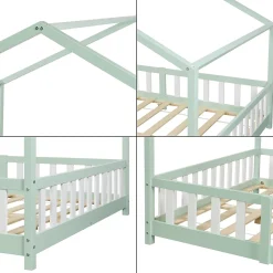 [En.Casa] Lit cabane Treviolo avec matelas à mousse froid 200 x 140 cm vert menthe / blanc en.casa*Enfant Lit Enfant