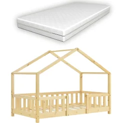 Lit cabane Treviolo avec matelas à mousse froid 160 x 80 cm bois naturel en.casa>[En.Casa] Best