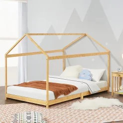 [En.Casa] Lit cabane Vindafjord pour enfant 90 x 200 cm forme maison bambou naturel en.casa*Enfant Lit Enfant