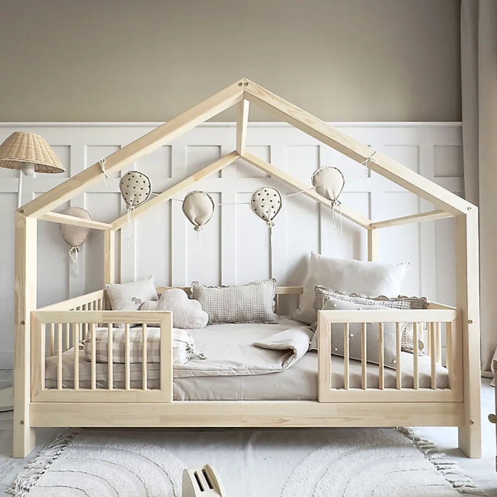 Lit cabane 90x200 barrières et sommier inclus pieds 10 cm Rosalie Bois>Petits-Meubles Sale