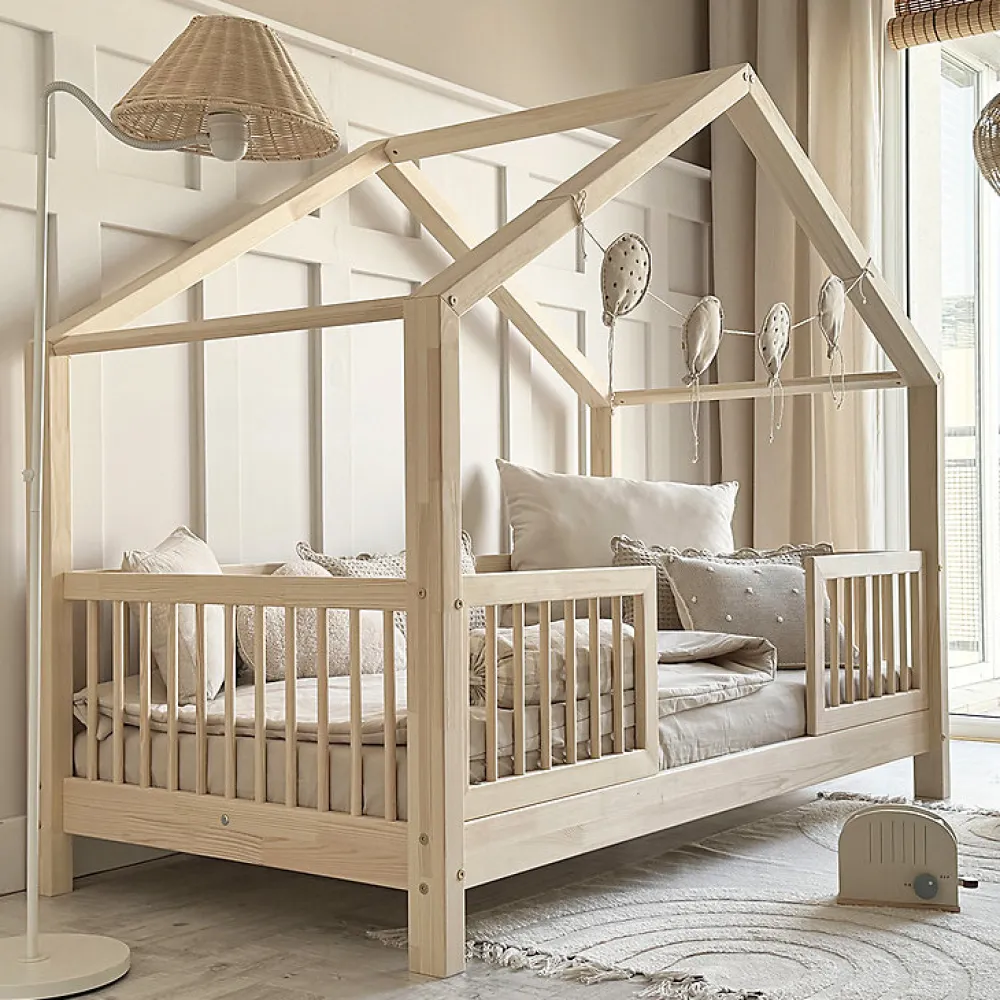 Lit cabane 90x200 barrières et sommier inclus pieds 10 cm Rosalie Bois>Petits-Meubles Sale