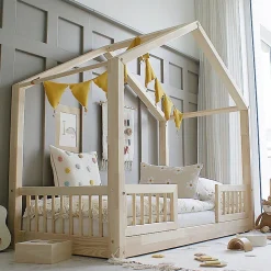 Petits-Meubles Lit cabane 90x190 barrières et sommier inclus pieds 1 cm Iris Bois*Enfant Lit Enfant
