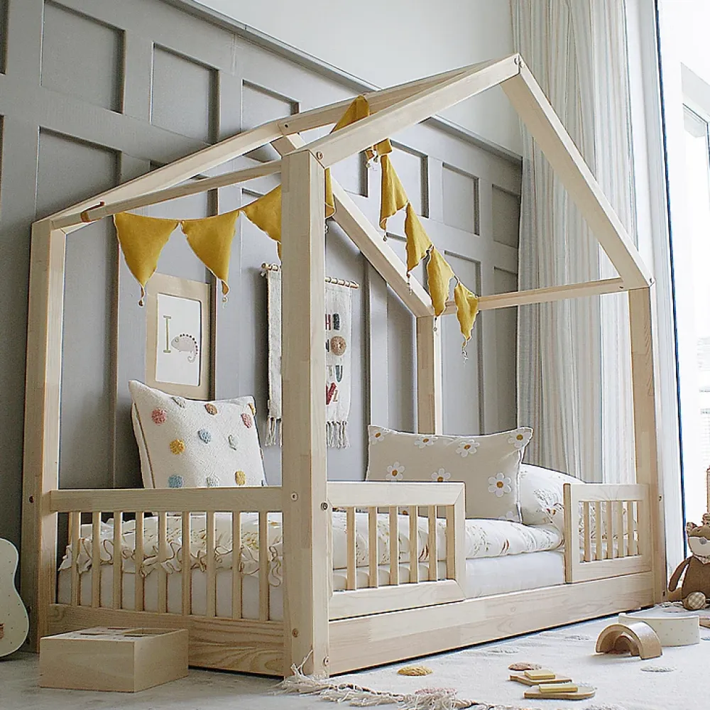 Petits-Meubles Lit cabane 90x190 barrières et sommier inclus pieds 1 cm Iris Bois*Enfant Lit Enfant