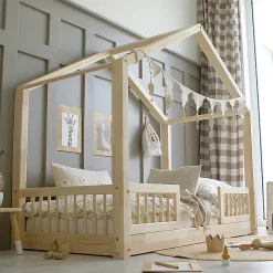 Petits-Meubles Lit cabane 90x190 barrières et sommier inclus pieds 1 cm Iris Bois*Enfant Lit Enfant