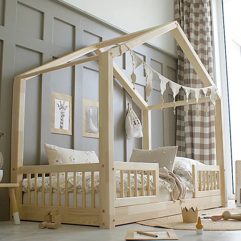 Petits-Meubles Lit cabane 90x190 barrières et sommier inclus pieds 1 cm Iris Bois*Enfant Lit Enfant