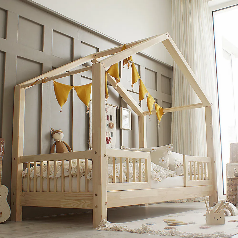 Lit cabane 90x200 barrières et sommier inclus pieds 10 cm Iris Bois>Petits-Meubles Clearance