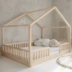 Lit cabane 140x200 barrières et sommier inclus pieds 1 cm Roxane Bois>Petits-Meubles Online