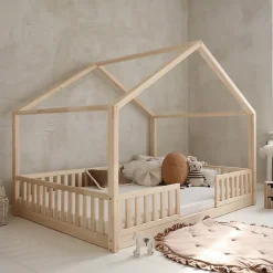 Lit cabane 140x200 barrières et sommier inclus pieds 1 cm Roxane Bois><noscript><img width=
