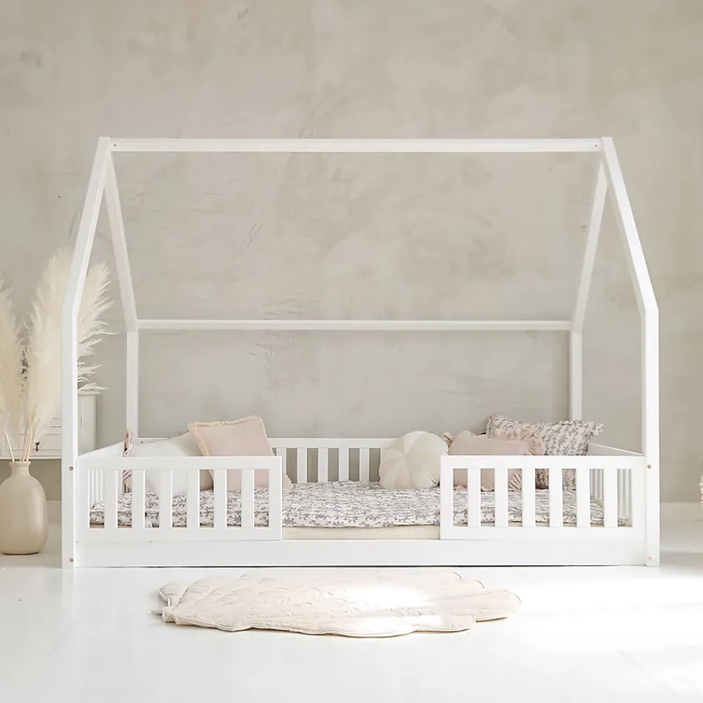 Petits-Meubles Lit cabane 140x200 barrières et sommier inclus pieds 1 cm Daisy Blanc*Enfant Lit Enfant