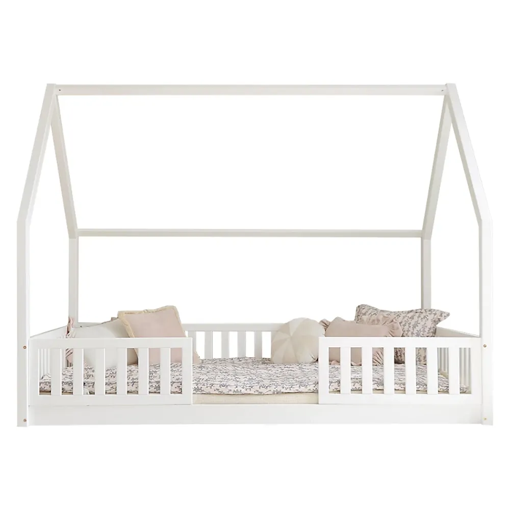 Petits-Meubles Lit cabane 140x200 barrières et sommier inclus pieds 1 cm Daisy Blanc*Enfant Lit Enfant
