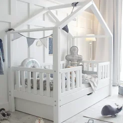 Petits-Meubles Lit cabane 90x190 barrières sommier et tiroir inclus Roxane Blanc*Enfant Lit Enfant