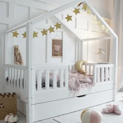 Petits-Meubles Lit cabane 90x190 barrières sommier et tiroir inclus Roxane Blanc*Enfant Lit Enfant