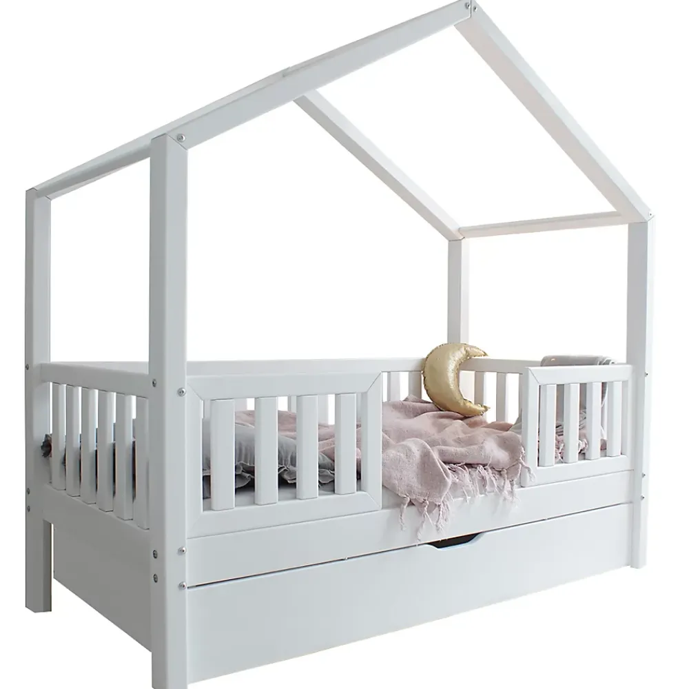 Petits-Meubles Lit cabane 90x190 barrières sommier et tiroir inclus Roxane Blanc*Enfant Lit Enfant