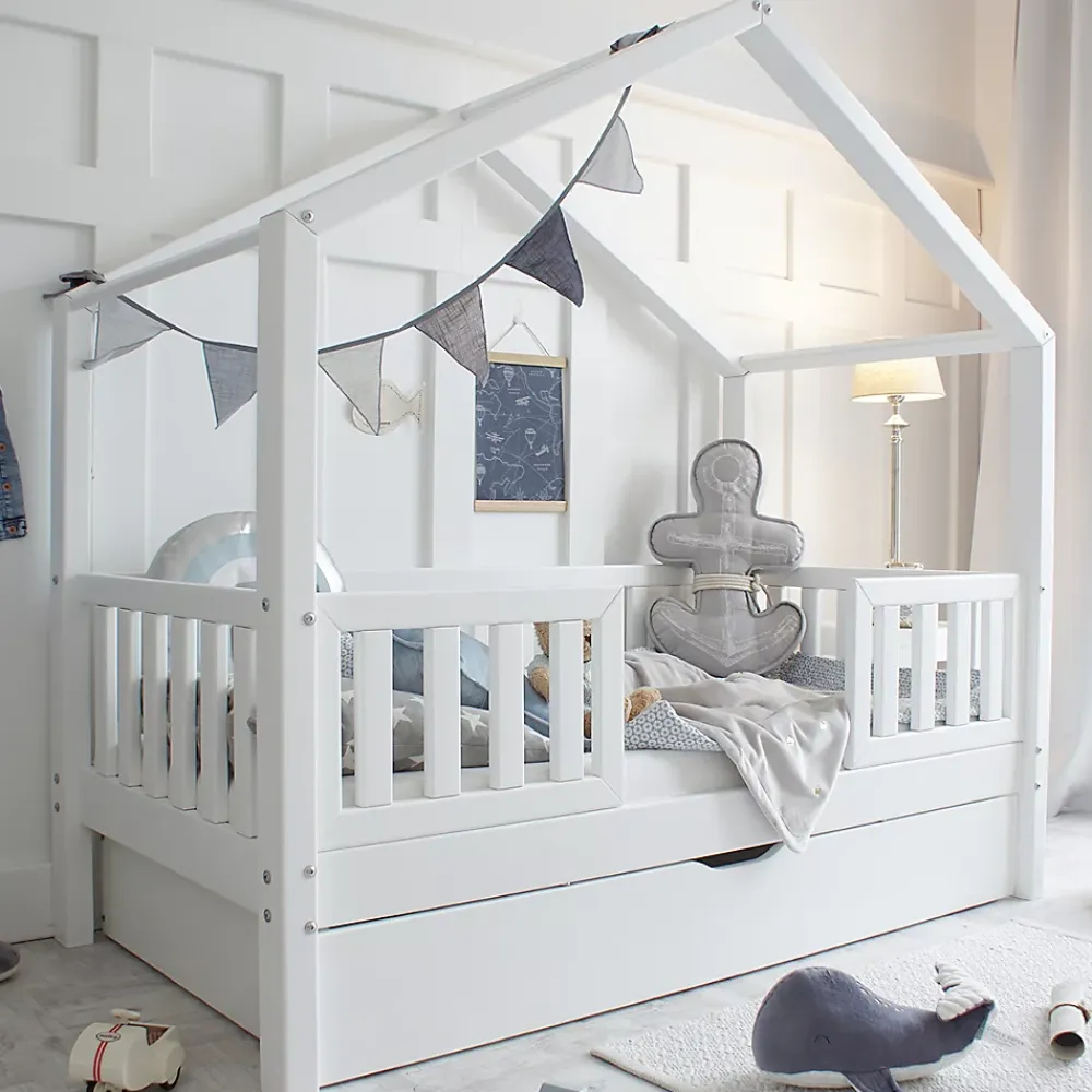Petits-Meubles Lit cabane 90x190 barrières sommier et tiroir inclus Roxane Blanc*Enfant Lit Enfant