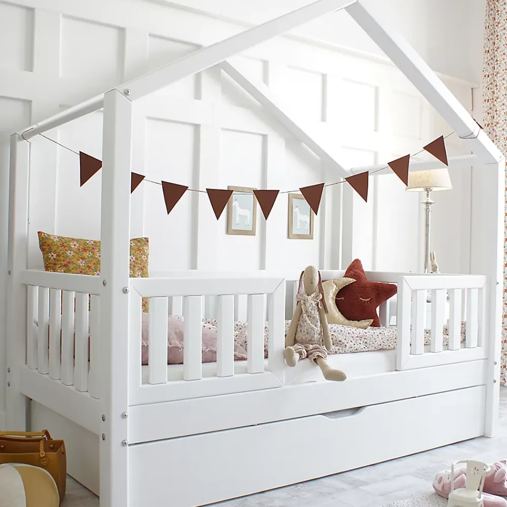 Petits-Meubles Lit cabane 90x190 barrières sommier et tiroir inclus Roxane Blanc*Enfant Lit Enfant
