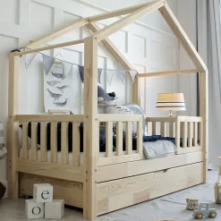 Petits-Meubles Lit cabane 90x190 barrières sommier et tiroir inclus Roxane Bois*Enfant Lit Enfant
