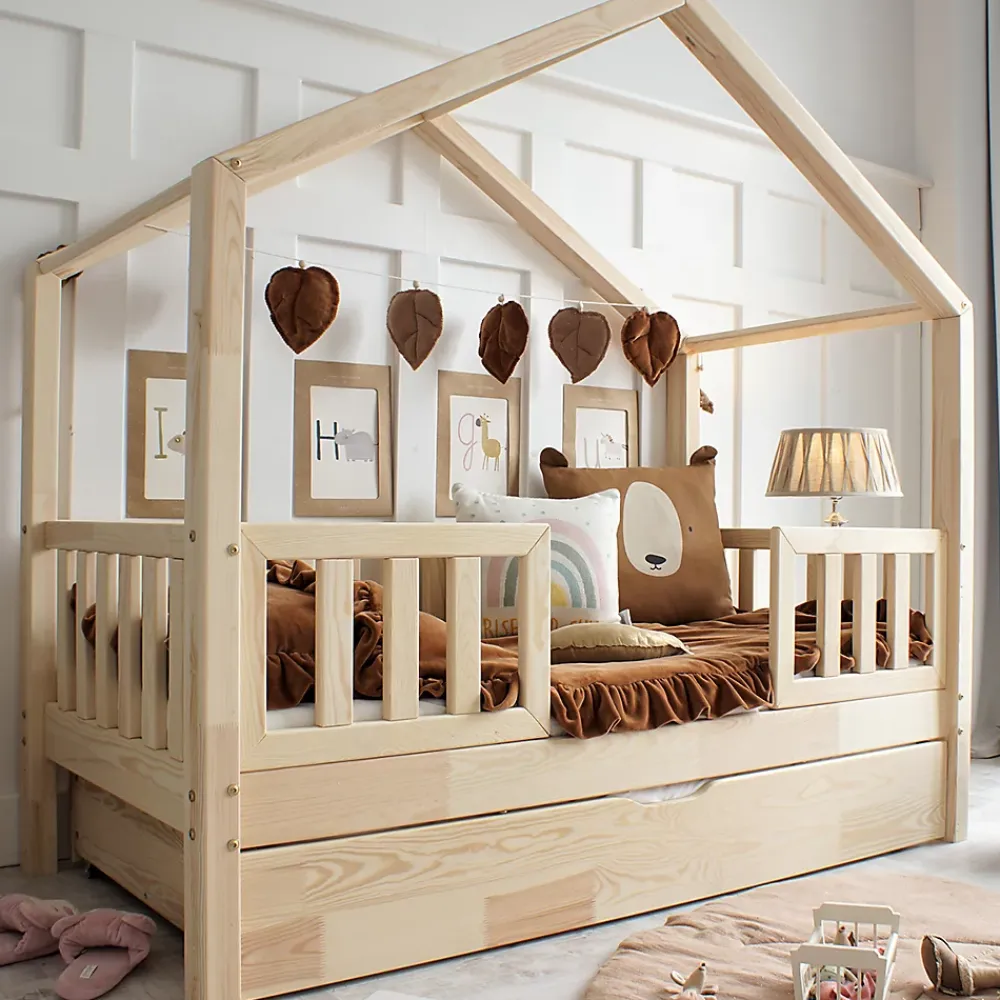 Petits-Meubles Lit cabane 90x190 barrières sommier et tiroir inclus Roxane Bois*Enfant Lit Enfant