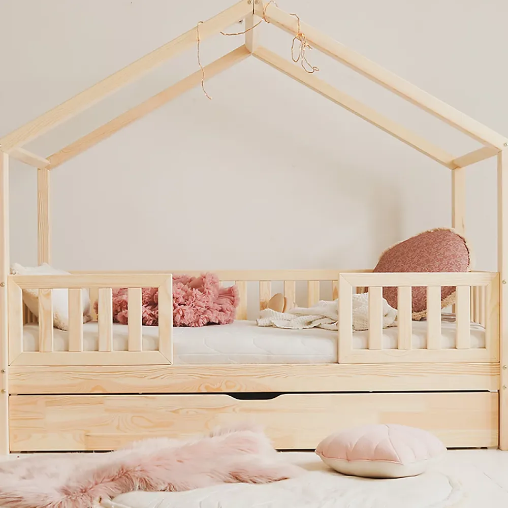 Petits-Meubles Lit cabane 90x190 barrières sommier et tiroir inclus Roxane Bois*Enfant Lit Enfant