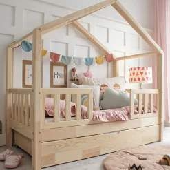Petits-Meubles Lit cabane 90x190 barrières sommier et tiroir inclus Roxane Bois*Enfant Lit Enfant