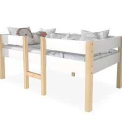 Lit cabane 90x190 cm - Lit enfant mi-hauteur avec protection antichute - Bois massif - Sans Matelas - Blanc><noscript><img width=