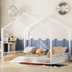 Okwish Lit Cabane 140x200 cm - Lit enfant avec Sommier à Lattes - Métal - Sans Matelas - Blanc*Enfant Lit Enfant