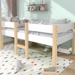 Okwish Lit cabane 90x200 cm - Lit enfant mi-hauteur avec protection antichute - Bois massif - Sans Matelas - Blanc* Lit Avec Rangement