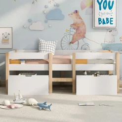 Okwish Lit cabane 90x190 cm - Lit mi-hauteur avec protection antichute et 2 tiroirs - Bois massif - Sans Matelas - Blanc*Enfant Lit Enfant