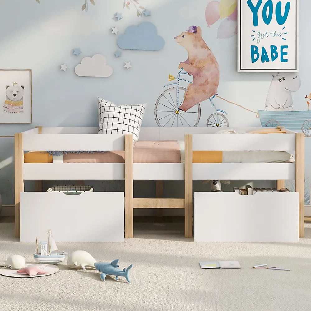 Okwish Lit cabane 90x190 cm - Lit mi-hauteur avec protection antichute et 2 tiroirs - Bois massif - Sans Matelas - Blanc*Enfant Lit Enfant