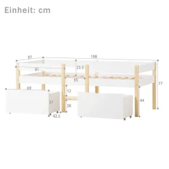 Okwish Lit cabane 90x190 cm - Lit mi-hauteur avec protection antichute et 2 tiroirs - Bois massif - Sans Matelas - Blanc*Enfant Lit Enfant