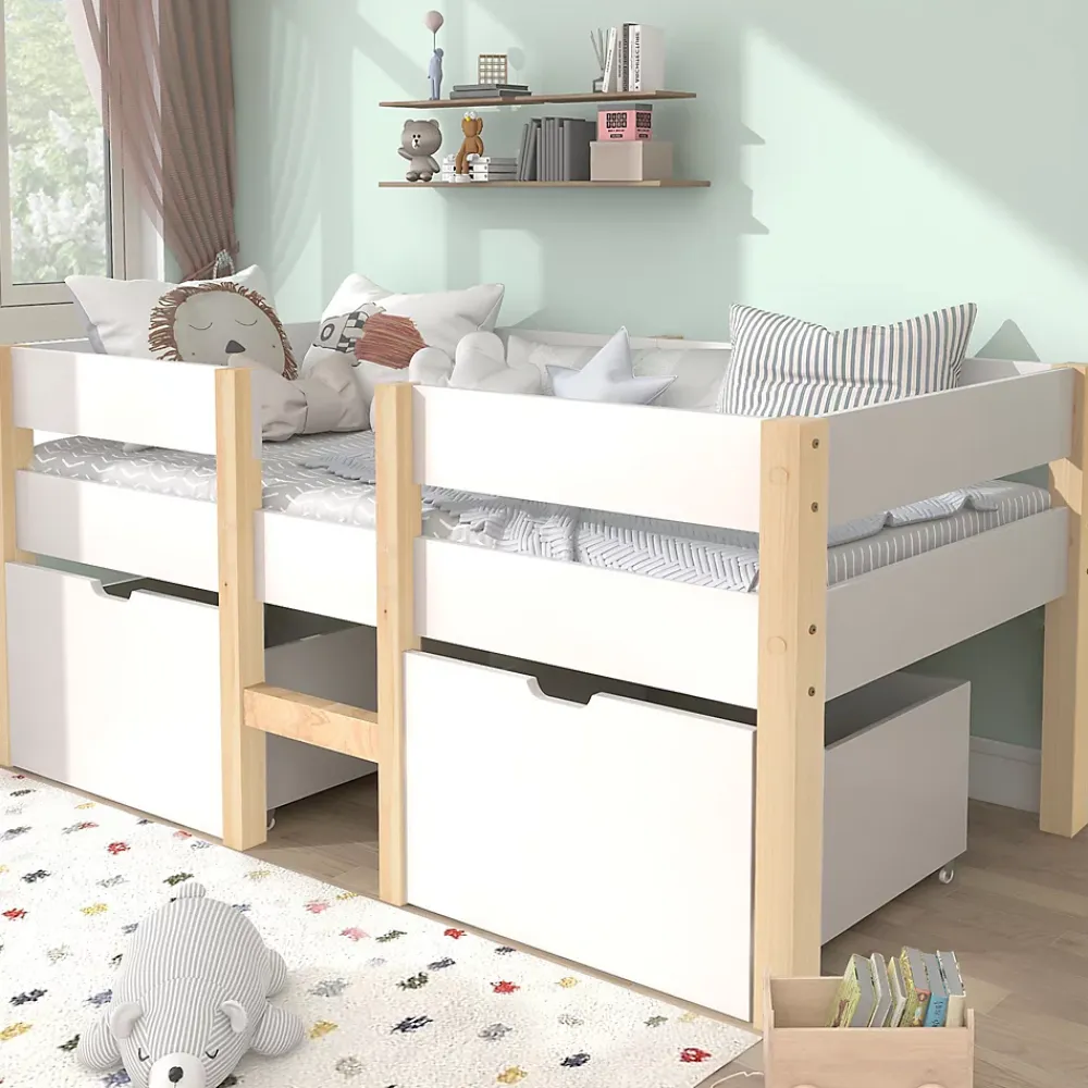 Okwish Lit cabane 90x190 cm - Lit mi-hauteur avec protection antichute et 2 tiroirs - Bois massif - Sans Matelas - Blanc*Enfant Lit Enfant