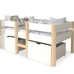 Okwish Lit cabane 90x200 cm - Lit mi-hauteur avec protection antichute et 2 tiroirs - Bois massif - Sans Matelas - Blanc*Enfant Lit Enfant