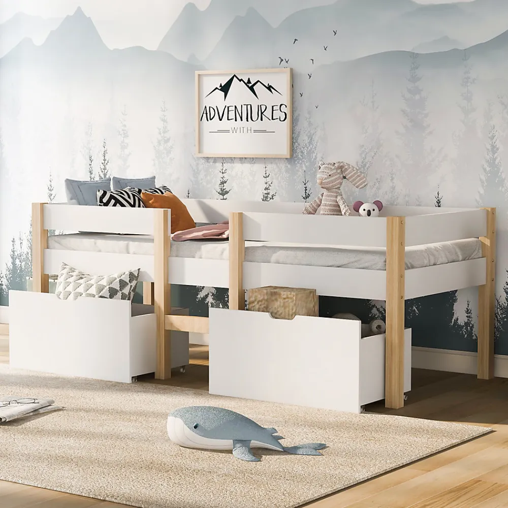 Okwish Lit cabane 90x200 cm - Lit mi-hauteur avec protection antichute et 2 tiroirs - Bois massif - Sans Matelas - Blanc*Enfant Lit Enfant