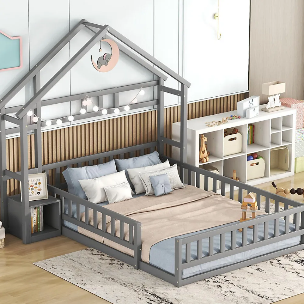 Lit cabane 140x200 cm avec table de chevet, barrières de sécurité, sommier à lattes, cadre en bois, gris>ProximaX Discount