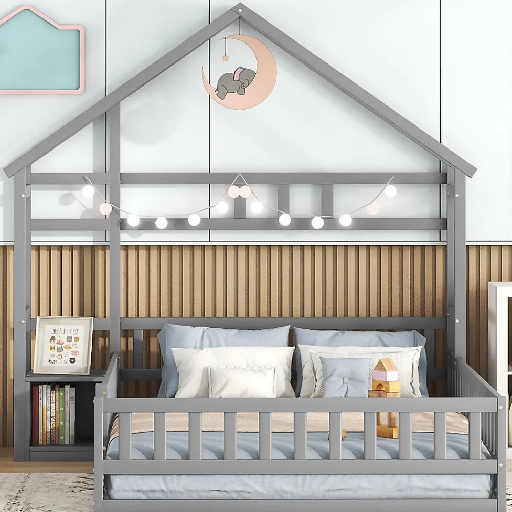 Lit cabane 140x200 cm avec table de chevet, barrières de sécurité, sommier à lattes, cadre en bois, gris>ProximaX Discount