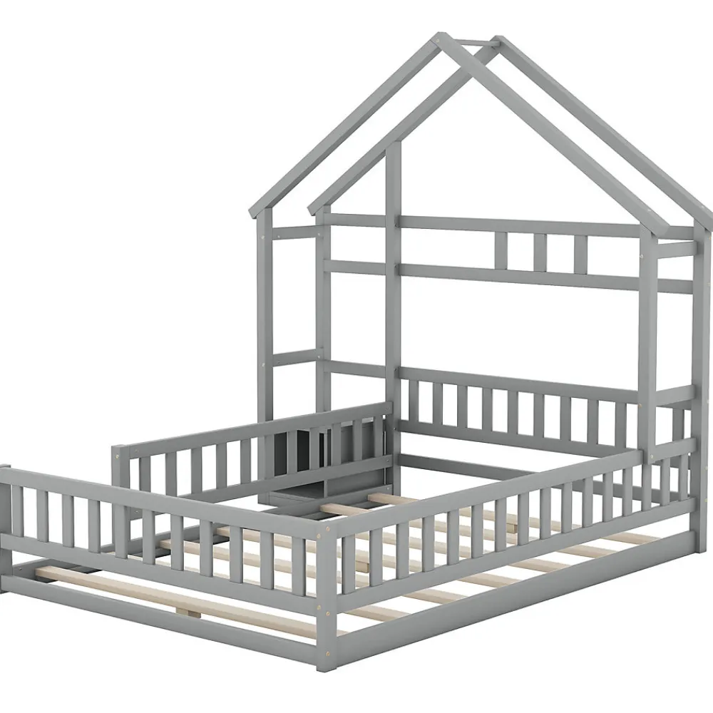 Lit cabane 140x200 cm avec table de chevet, barrières de sécurité, sommier à lattes, cadre en bois, gris>ProximaX Discount