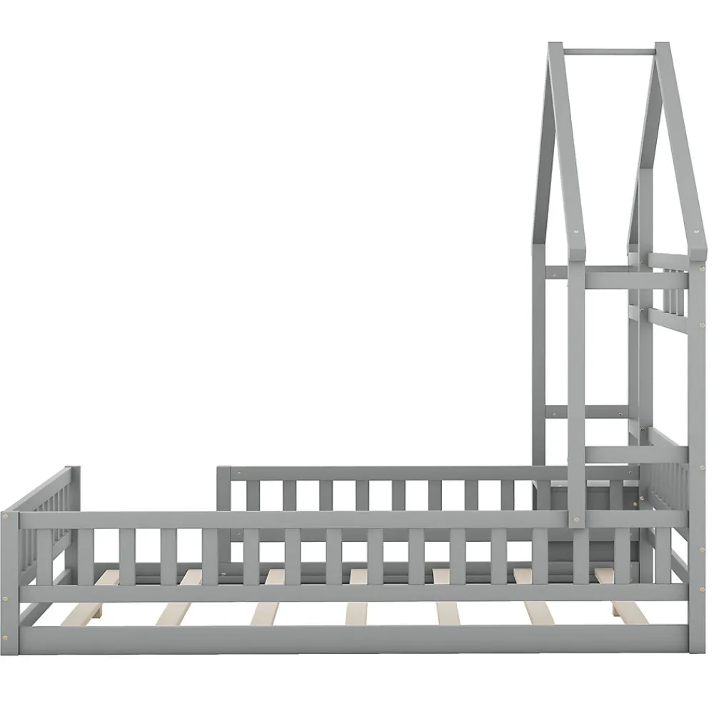 Lit cabane 140x200 cm avec table de chevet, barrières de sécurité, sommier à lattes, cadre en bois, gris>ProximaX Discount