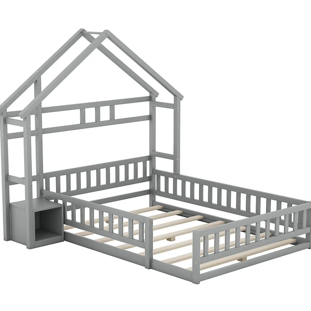 Lit cabane 140x200 cm avec table de chevet, barrières de sécurité, sommier à lattes, cadre en bois, gris>ProximaX Discount