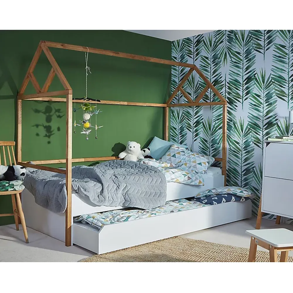 Petits-Meubles Lit cabane 90x200 sommier et tiroir inclus Bellamy Lotta Blanc*Enfant Lit Enfant
