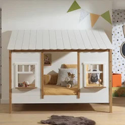 Petits-Meubles Lit cabane 90x200 sommier inclus Vipack Housebed Blanc et bois*Enfant Lit Enfant