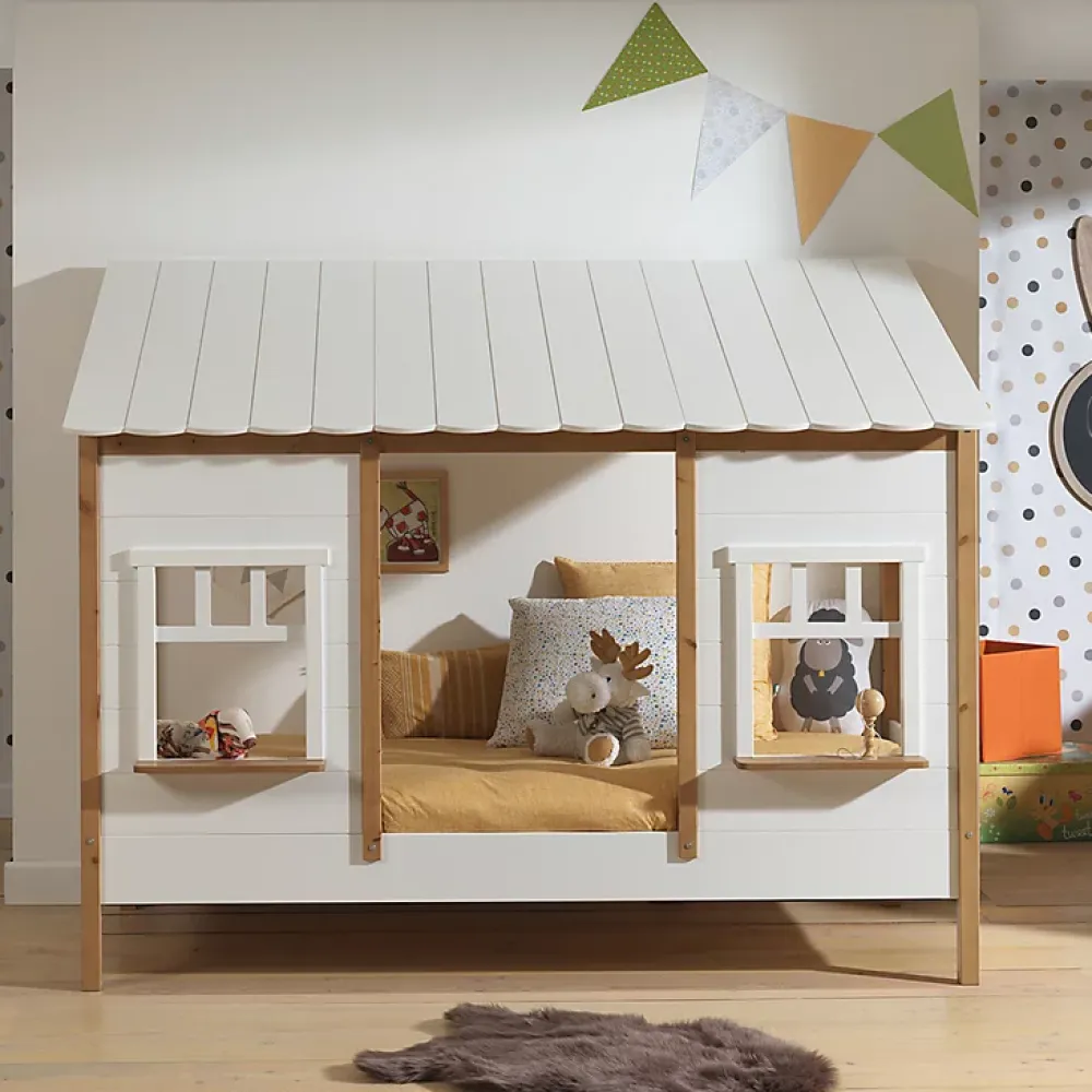 Petits-Meubles Lit cabane 90x200 sommier inclus Vipack Housebed Blanc et bois*Enfant Lit Enfant