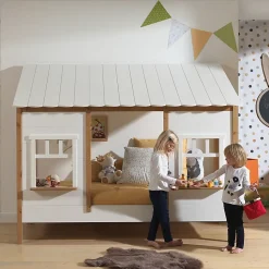 Petits-Meubles Lit cabane 90x200 sommier inclus Vipack Housebed Blanc et bois*Enfant Lit Enfant