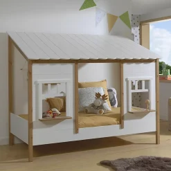 Petits-Meubles Lit cabane 90x200 sommier inclus Vipack Housebed Blanc et bois*Enfant Lit Enfant