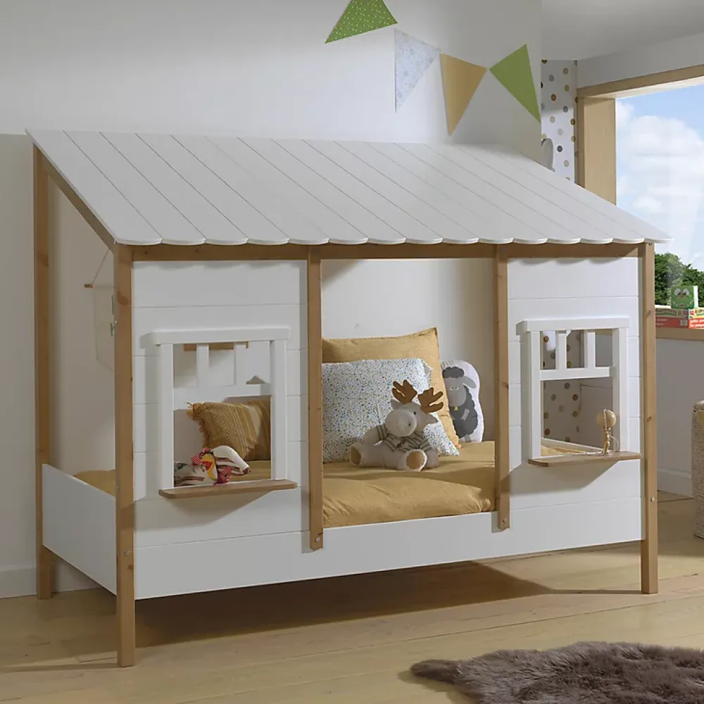 Petits-Meubles Lit cabane 90x200 sommier inclus Vipack Housebed Blanc et bois*Enfant Lit Enfant