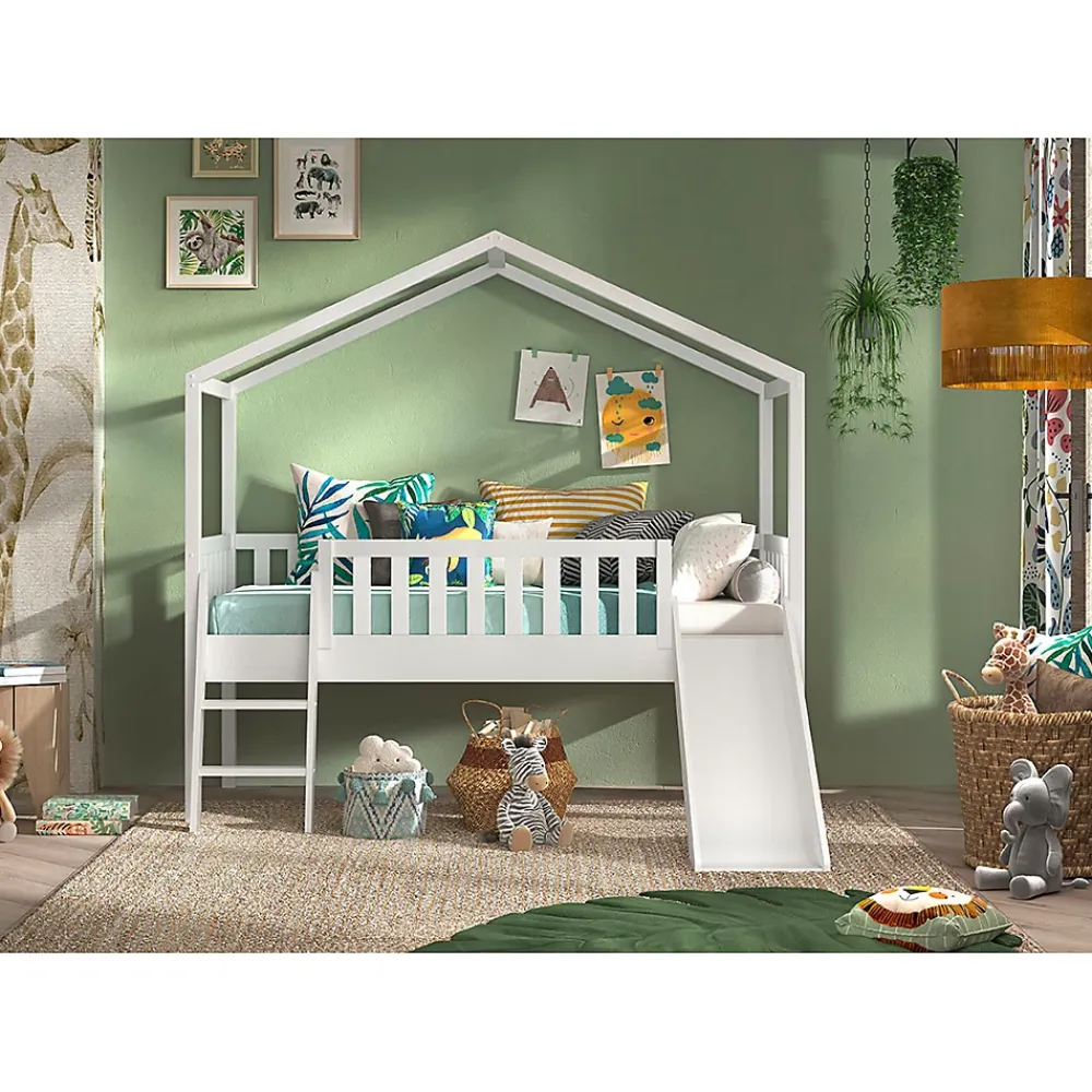 Petits-Meubles Lit cabane 90x200 toboggan sommier inclus Vipack Dallas Blanc*Enfant Lit Enfant