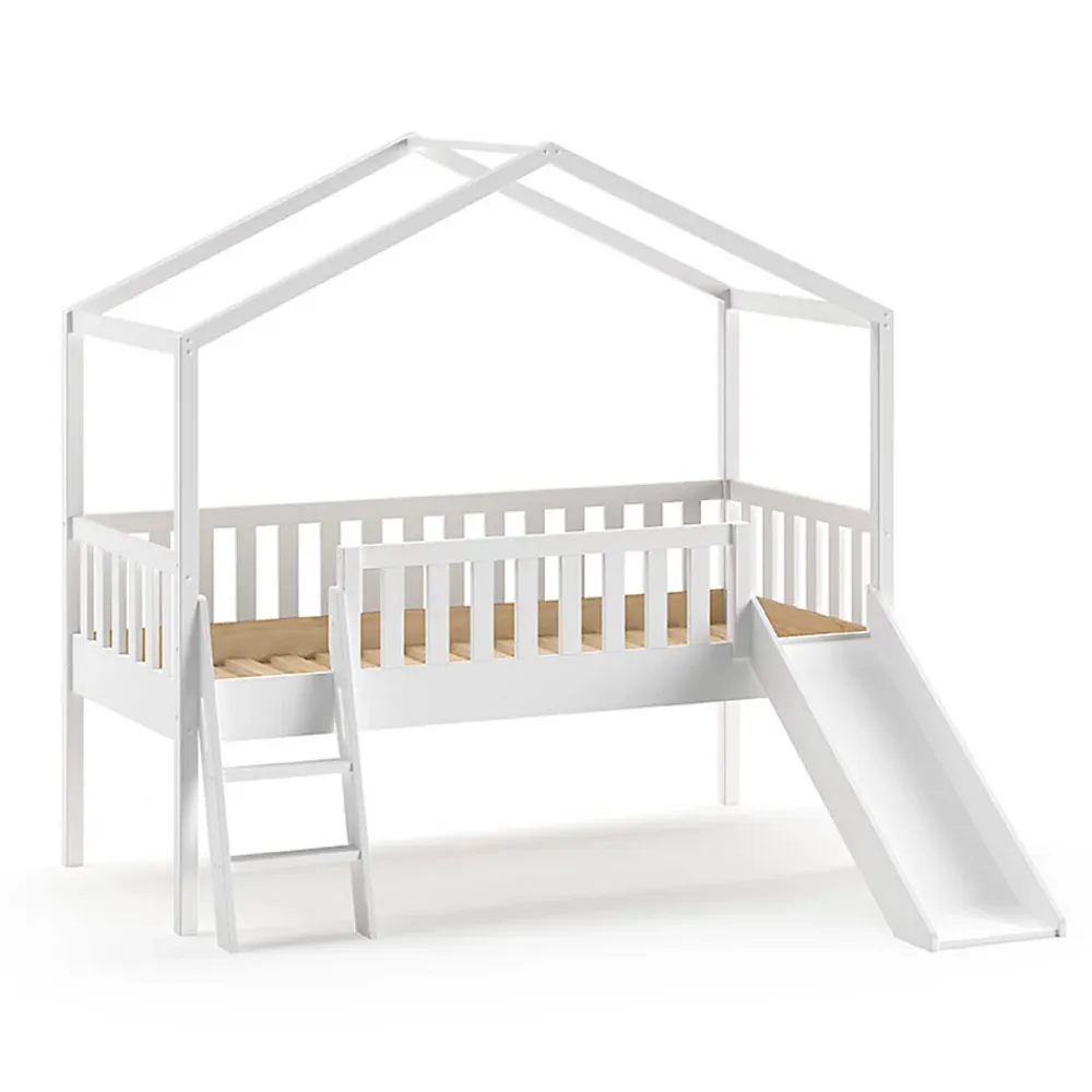 Petits-Meubles Lit cabane 90x200 toboggan sommier inclus Vipack Dallas Blanc*Enfant Lit Enfant