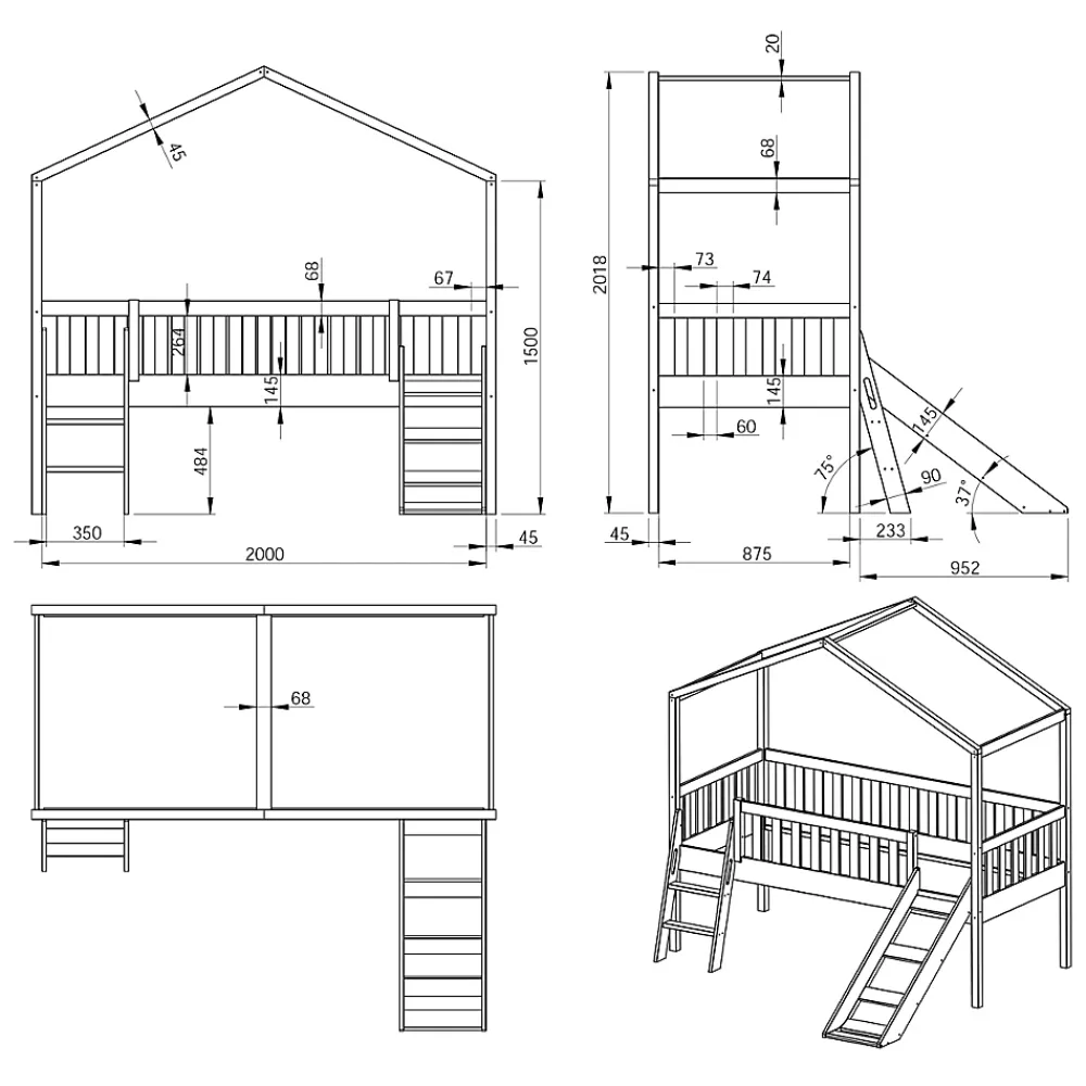 Petits-Meubles Lit cabane 90x200 toboggan sommier inclus Vipack Dallas Blanc*Enfant Lit Enfant