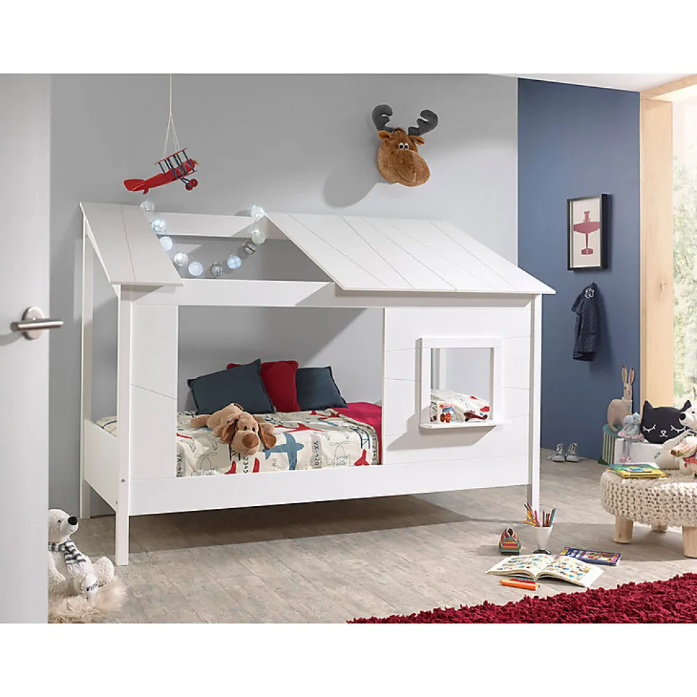 Lit Cabane 90x200 toit semi-ouvert et fenêtre Sommier inclus Vipack HouseBed - Blanc>Petits-Meubles Best