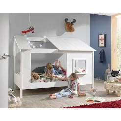 Lit Cabane 90x200 toit semi-ouvert et fenêtre Sommier inclus Vipack HouseBed - Blanc><noscript><img width=